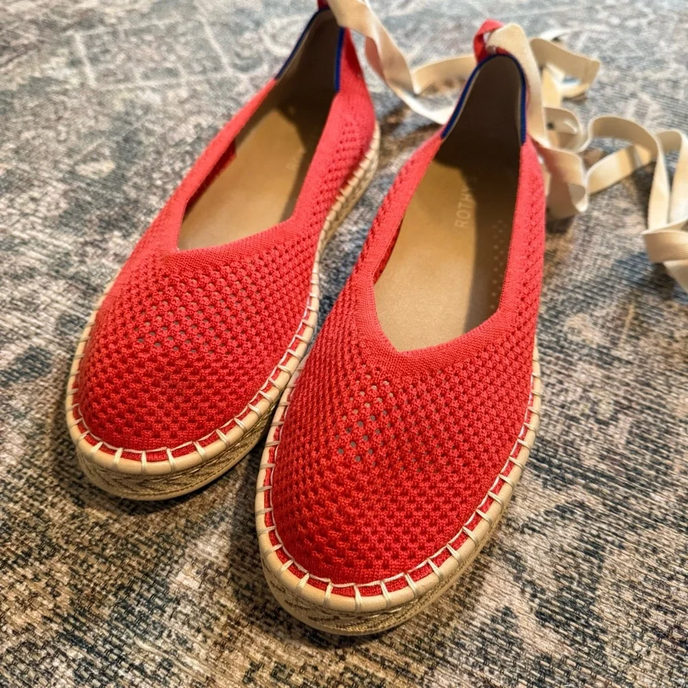 Rothy's The Espadrille Lace Up in Red Hot with Cream Laces, Size 11.5